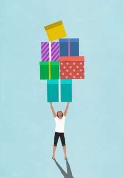 Girl holding stack of multicolored gifts overhead
