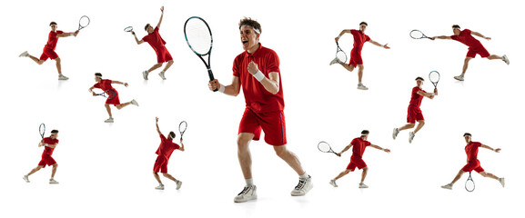 Portraits of young man, professional tennis player in red uniform training isolated on white background. Collage