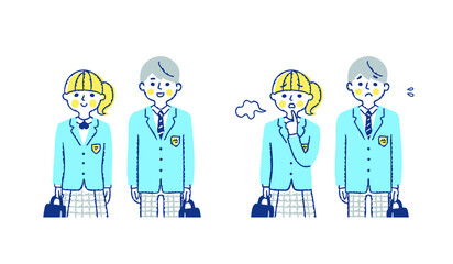 学生服を着た男女　困った表情と笑顔の表情