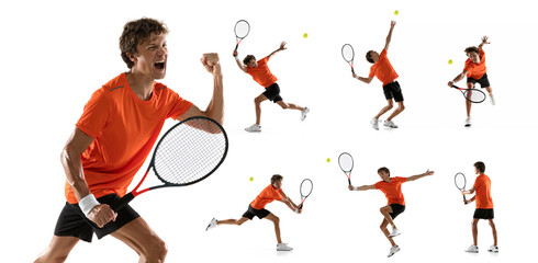 Portraits of young man, professional tennis player in orange uniform training isolated on white...