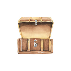 Wooden, open chest. Watercolor illustration. Iron castle © Alena Shelest
