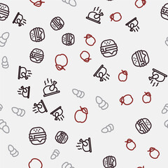 Set line Roasted turkey or chicken, Burger, Chicken egg and Plum fruit on seamless pattern. Vector