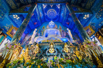 Fototapeta na wymiar Chiang Rai, Thailand - January, 09, 2022 : Very beautiful buddha statue in the chapel of Wat Rong Suea Ten at Chiangrai Thailand.