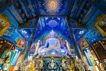 Fototapeta na wymiar Chiang Rai, Thailand - January, 09, 2022 : Very beautiful buddha statue in the chapel of Wat Rong Suea Ten at Chiangrai Thailand.