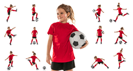 Portraits of little girl, child, training, playing football isolated over white studio background. Collage