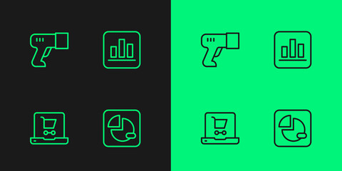 Set line Pie chart infographic, Shopping cart on screen laptop, Scanner scanning bar code and icon. Vector