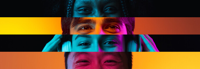 Collage. Portraits of human eyes of young people, men and oeman, placed in narrow stripes isolated over multicolored neon backgrounds. - obrazy, fototapety, plakaty