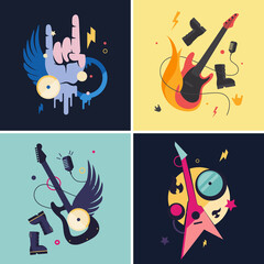 Creative illustrations of rock music. Designs in flat style.