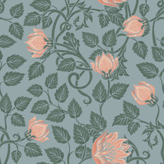 Floral vintage seamless pattern for retro wallpapers. Enchanted Vintage Flowers. Arts and Crafts movement inspired. Design for wrapping paper, wallpaper, fabrics and fashion clothes. - 487046139