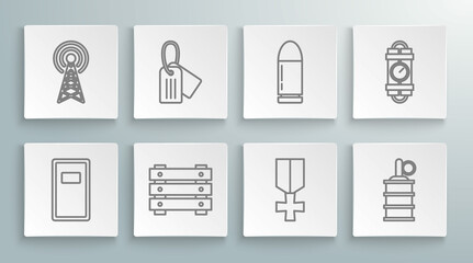Set line Police assault shield, Military dog tag, ammunition box, reward medal, Hand grenade, Bullet, Detonate dynamite bomb stick timer clock and Radar icon. Vector