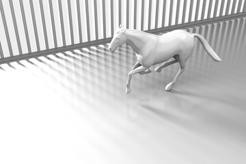 White horse running in front of white background.  Abstract white horse running on light rays shadow background. 3d render.