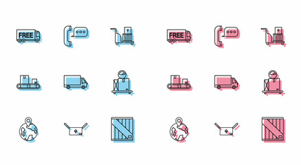 Set line Worldwide, Cardboard box with traffic symbol, Free delivery service, Wooden, Delivery cargo truck vehicle, Scale cardboard, Conveyor belt and Telephone speech bubble chat icon. Vector