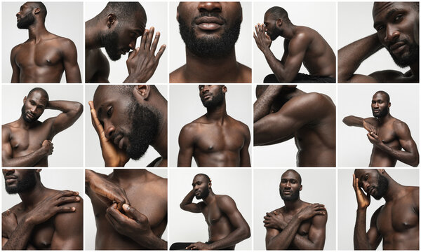 Collage. Different body parts, portraits of young muscular african man posing isolated over white studio background