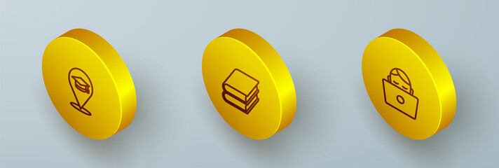 Set Isometric line Online education, Book and Student working laptop icon. Vector