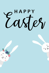 Easter bunnies - boy and girl peek out on blue background. Vector illustration for banner, social media, poster, cover, sale and more. Happy Easter text. Copy space.