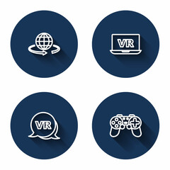 Set line 3d modeling, Virtual reality, and Gamepad with long shadow. Blue circle button. Vector
