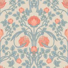 Floral vintage seamless pattern for retro wallpapers. Enchanted Vintage Flowers. Arts and Crafts movement inspired. Design for wrapping paper, wallpaper, fabrics and fashion clothes. - 487047186