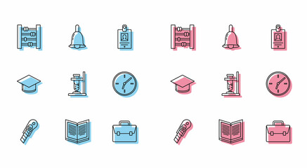 Set line Stationery knife, Open book, Abacus, Briefcase, Glass test tube flask fire, Clock, Graduation cap and Ringing bell icon. Vector