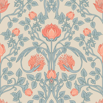 Floral vintage seamless pattern for retro wallpapers. Enchanted Vintage Flowers. Arts and Crafts movement inspired. Design for wrapping paper, wallpaper, fabrics and fashion clothes.