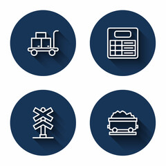 Set line Trolley suitcase, Train station board, Railroad crossing and Coal train wagon with long shadow. Blue circle button. Vector