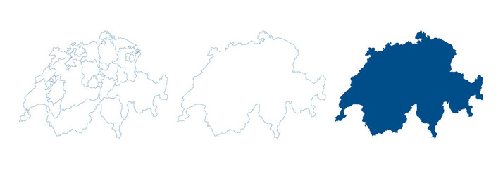 Switzerland map vector. High detailed vector outline, blue silhouette and administrative divisions map of Switzerland. All isolated on white background. Template for website, design, cover.