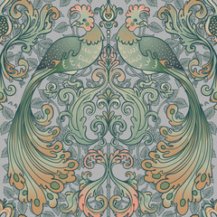 Floral vintage seamless pattern wit birds for retro wallpapers. Enchanted Vintage Flowers. Arts and Crafts movement inspired. Design for wrapping paper, wallpaper, fabrics and fashion clothes.