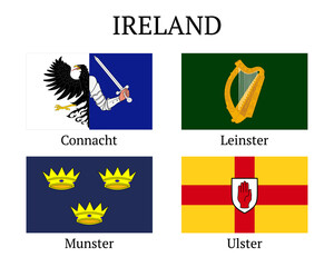 Ireland provinces flags set. Flags Leinster, Munster, Connacht and Ulster. Vector illustration. All isolated on white background. Template for design.