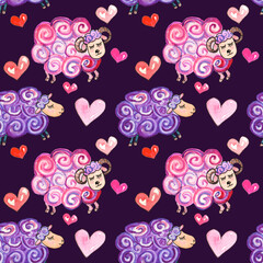 Watercolor illustration seamless pattern of purple and blue sheeps on dark purple background with pink hearts, for baby