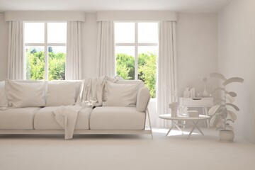 Fototapeta premium Mock up of stylish room in white color with sofa and green landscape in window. Scandinavian interior design. 3D illustration