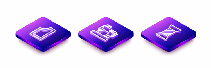 Set Isometric line Sewing pattern, machine and thread on spool icon. Vector