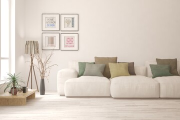 White living room with sofa. Scandinavian interior design. 3D illustration