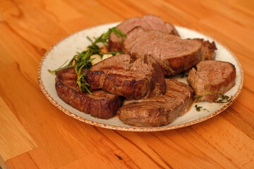 grilled beef steak Ribeye steak with onions . Juicy steak with flavored butter