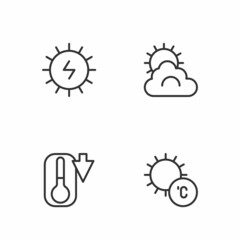 Set line Sun, Thermometer, Solar energy panel and and cloud weather icon. Vector