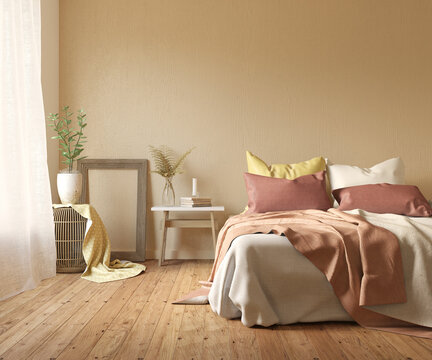 Colorful modern  bedroom interior. Scandinavian design. 3D illustration