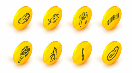 Set line Steak meat, Knife, Sauce bottle, in frying pan, Bacon stripe, Fish steak, and icon. Vector