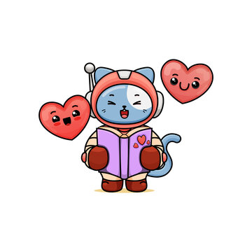 celebrating valentine's day, illustration of a cute cat wearing a spacesuit, cartoon in kawaii style, illustration of a heart with outlines, kitten holding a book and reading it