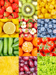 Collection of fruits and vegetables fruit collage background with berries apples carrots and grapes