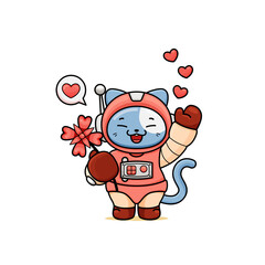 celebrating valentine's day, illustration of cute cat wearing a spacesuit, cartoon in kawaii style, heart illustration with outlines, kitten holding a pink flower, waving hand say hello