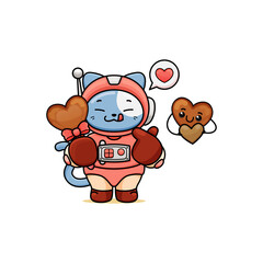 celebrating valentine's day, illustration of cute cat wearing a spacesuit, cartoon in kawaii style, heart illustration with an outline, kitten holding a heart-shaped chocolate candy, with finger love