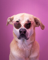 Perro labrador con gafas de corazones sobre fondo rosa. Concepto amor animal.