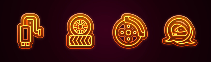 Set line Car muffler, tire wheel, brake disk with caliper and Racing helmet. Glowing neon icon. Vector