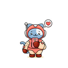 celebrating valentine's day, illustration of a cute cat wearing a spacesuit, cartoon in kawaii style, illustration of a heart with an outline, kitten holding a phone with love bubble speech