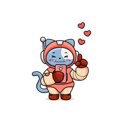 celebrating valentine's day, illustration of a cute cat wearing a space suit, cartoon in kawaii style, illustration of heart with outlines, kitten holding mobile phone and pointing up