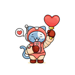 celebrating valentine's day, illustration of a cute cat wearing a spacesuit, cartoon in kawaii style, heart illustration with outlines, kitten holding a pink heart-shaped candy, and phone, bubble love