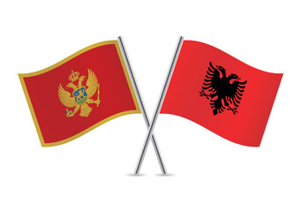 Montenegro and Albania crossed flags. Montenegrin and Albanian flags isolated on white background. Vector icon set. Vector illustration.