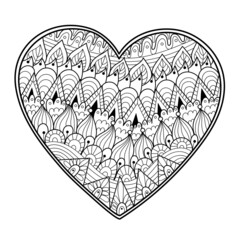 Black and white zentangle heart coloring page. Outline love pattern for antistress coloring book. Valentine’s Day mandala. Vector illustration