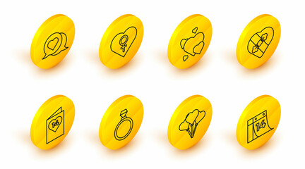 Set line Calendar with February 14, Balloons in form of heart, Diamond engagement ring, Valentines day flyer, Candy shaped box, Heart, female gender and speech bubble icon. Vector