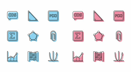 Set line Sigma symbol, Graph, schedule, chart, diagram, Tablet with calculator, Ringing bell, Geometric figure Sphere, Book word mathematics, Square and Calendar icon. Vector