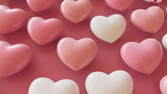 Valentine's Day Background with Pink and White 3d Hearts. 3D Render.