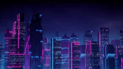 Cyberpunk Cityscape with Blue and Pink Neon lights. Night scene with Visionary Architecture.